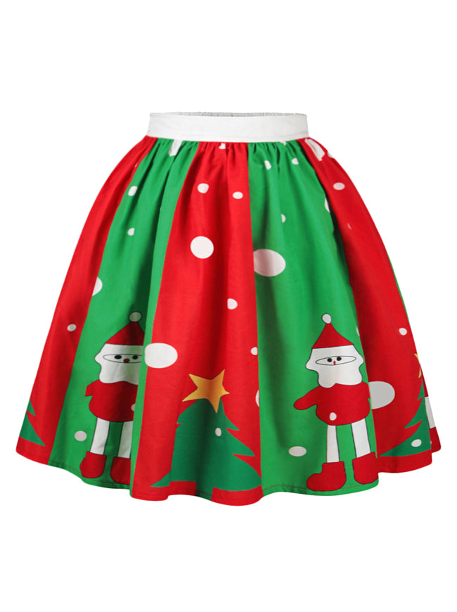 Green Red Classic Santa Printed Ugly Christmas Fit and Flare School Skirt for Women Girls Detail View