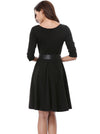 Black Boatneck Long Sleeve Casual A-Line Vintage Pinup Knee Length Dress For Women With Belt Back View