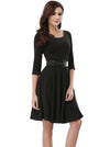 Black Office Business 3/4 Sleeves A-Line Wedding Rehearsal Dinner Mini Dress For Women Belted Side View