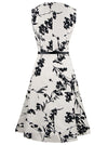 Black White Floral Pattern Sleeveless Retro Fit and Flare Style Cocktail Knee Length Dress for Women Back View