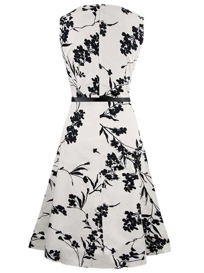 Black White Floral Pattern Sleeveless Retro Fit and Flare Style Cocktail Knee Length Dress for Women Back View