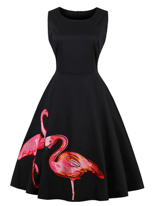 Sleeveless 50s Flamingo Embroidery Vintage Cocktail Dress