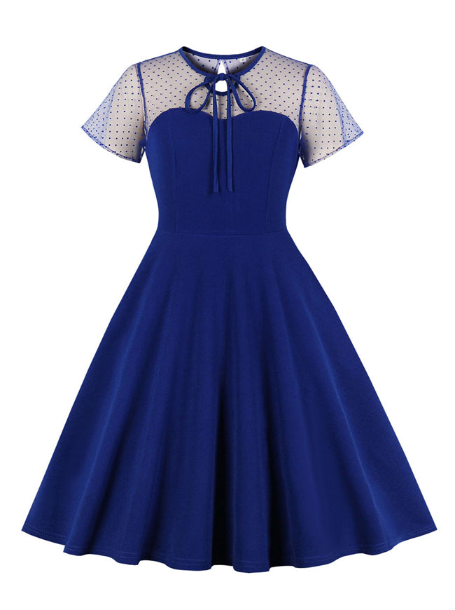 Elegant Short Sleeve Mesh Polka Dot Business Office Bridesmaid Dress