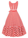 Vintage Lovely Scoop Neck Fashion Stripes A-Line Tea Length Dress Back View