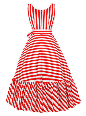 Vintage Lovely Scoop Neck Fashion Stripes A-Line Tea Length Dress Back View