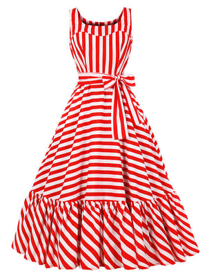 Vintage Inspired Scoop Neck Candy Stripe A-Line Casual Dress