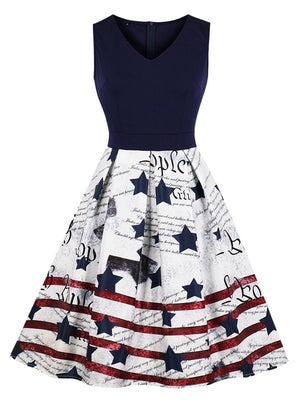 Vintage V-Neck Sleeveless Stars Printed Pleated A-Line Swing Dress