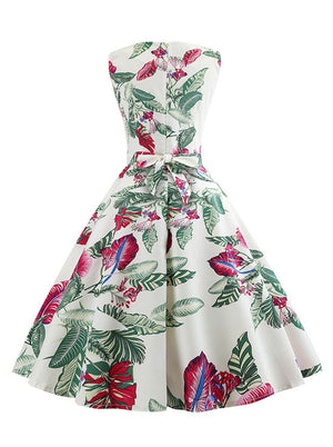 White Vintage 1950s Style Purple Floral Printed Sleeveless Cocktail Party Dress for Women Back View