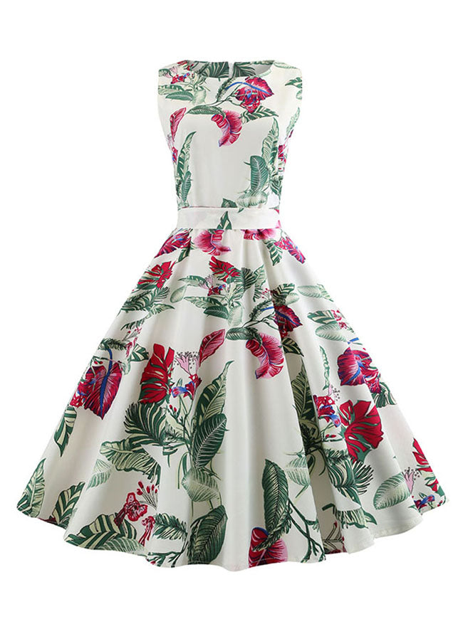 White Colorful Vivid Floral Printed Pin Up Style Garden Picnic Tea Party Dress for Women Detail View