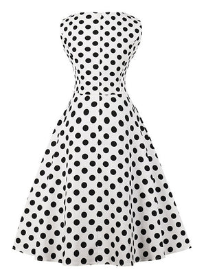 White Black Vintage Print A-Line Spring Garden Knee Length Dress for Women Back View