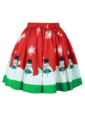 Red Christmas Snowflake High Waist A-line Midi Skirt for Women Back View