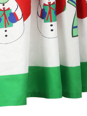 Green White Vintage Xmas Snowman Short A-Line Fashion Skater Skirt for Women Detail View