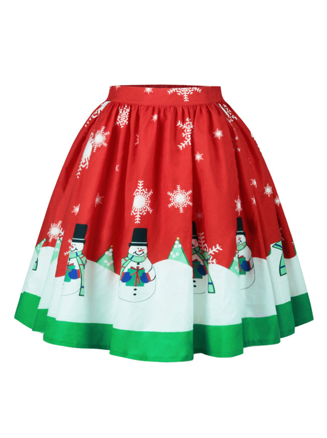 Christmas Santa Pleated Flared Short Midi Swing Skater Skirt Main View