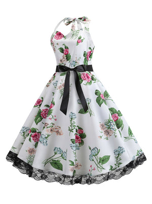 Retro Vintage Rockabilly Floral Print Lace Swing Halter Dress