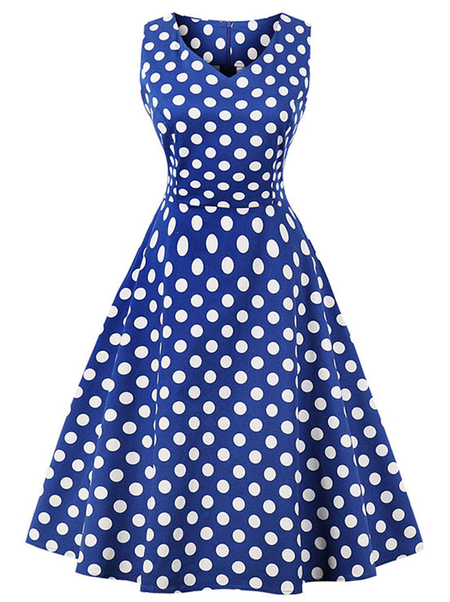 Classic Pattern Sexy V Neck Pin Up Knee Length Cocktail Dress for Women Blue Black Detail View