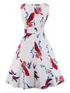 White Retro Juniors Bird Floral Printed Fit and Flare Style Bridesmaid Midi Dress for Women Back View