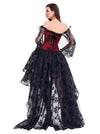 Black Embroidery Lace Long Sleeve Steampunk Red Bustier Corset with Skirt Set for Women Model Show Back View