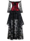 Red Vintage Beautiful Overlaid Floral Patterns Halloween Party Corset with Skirt Set for Women Back View