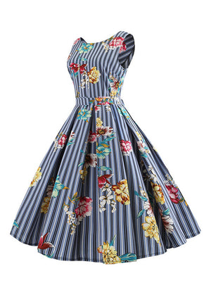 Blue Floral Printed Vintage 1950s Retro Audrey Hepburn Style Cocktail Casual Dress Side View
