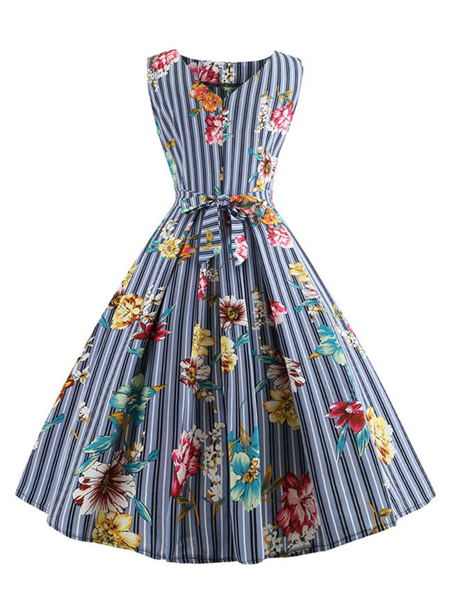 Blue 1950's Floral Pattern V-Back Vintage Sleeveless Cocktail Bridesmaid Dress for Women Back View