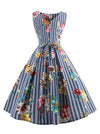 Blue 1950's Floral Pattern V-Back Vintage Sleeveless Cocktail Bridesmaid Dress for Women Back View