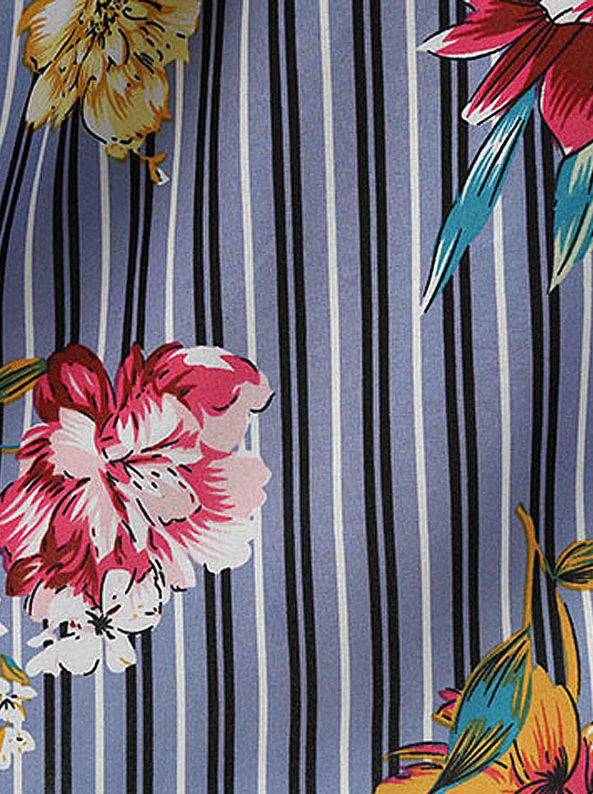 Vintage Round Neck Floral Striped Printed Knee Length Fashion Swing Dress for Women Detail View