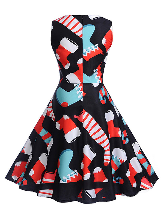 Elegant Black Red Xmas Printed Fit and Flared Halloween Party Dress for Women Back View