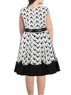 Black and White Vintage Rockabilly Flared Cap Sleeve Printed A-Line Lapel with Belt Plus Size Swing Dress Back View
