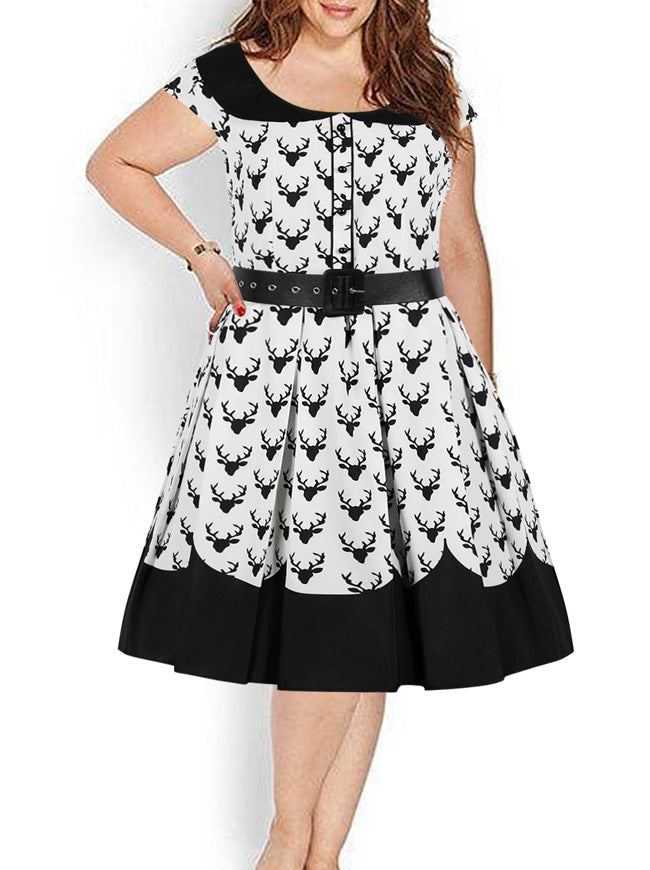 1950s Vintage Rockabilly Cap Sleeve Lapel Plus Size Swing Dress Main View