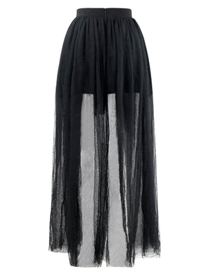 Solid Mesh Petticoat Underskirt Floor Length Elastic Irregular Retro Punk Skirt for Women Back View