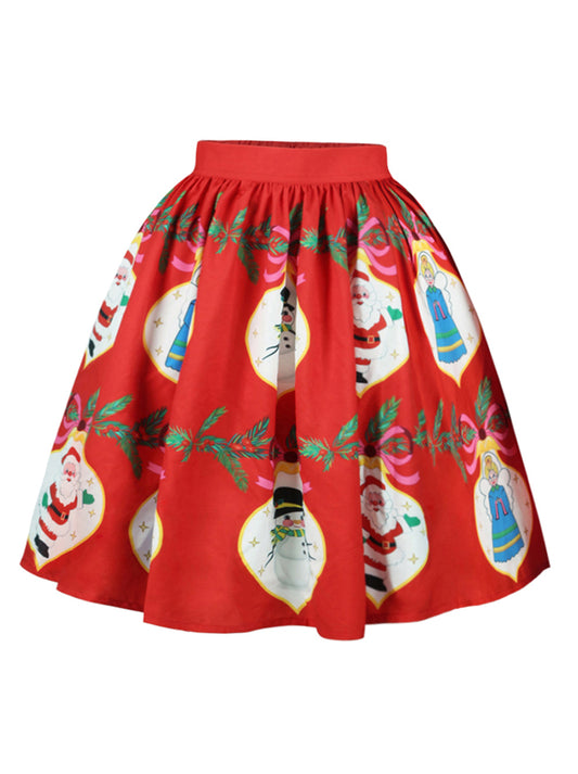Christmas Santa Pleated Flared Short Midi Swing Skater Skirt Main View