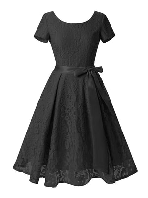 Black Semi Formal Floral Lace Short Sleeve Knee Length Vintage Cocktail Dress Main View