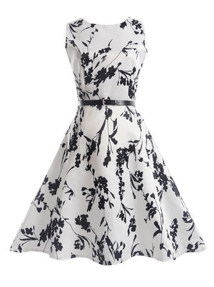 Girl's Sleeveless Vintage Style Floral Print A-line Dress with Belt Main View