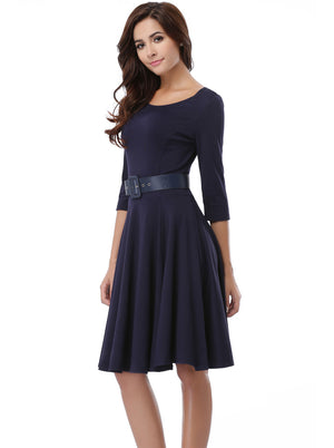Dark Blue Boat Neck Long Sleeve Casual A-Line Vintage Pinup Knee Length Dress For Women With Belt Side View