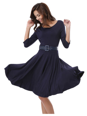Elegant Boat Neck Simple 3/4 Sleeve A-Line Homecoming Special Occasion Above Knee Length Dress Navy-Blue For Women Side View