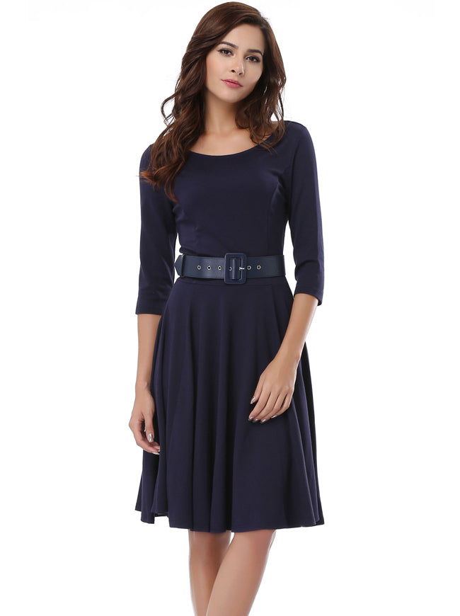 Navy-Blue Office Business 3/4 Sleeves A-Line Wedding Rehearsal Dinner Mini Dress For Women Belted Back View