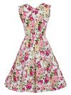 Vintage Retro Floral Print Pinup Tea Length Floral Print Rockabilly Dress for Women Back View