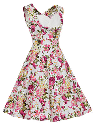 White Pink 1950s Vintage Sweetheart Neck A-Line Garden Party Midi Dress for Women Side View