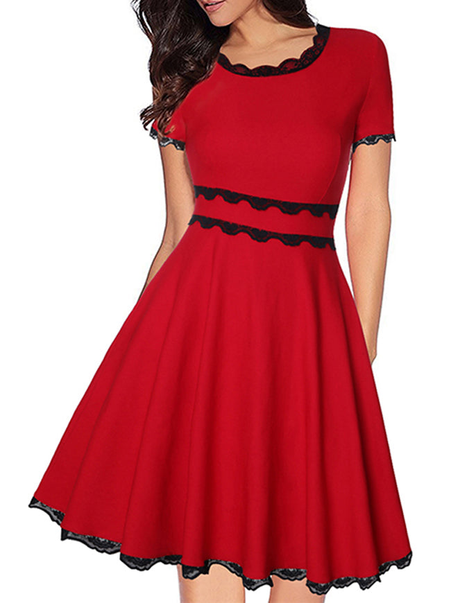 Vintage Lace Swing Red Black Cocktail Midi Short Sleeves Formal Wedding Guest Bridesmaid Dress Detail View