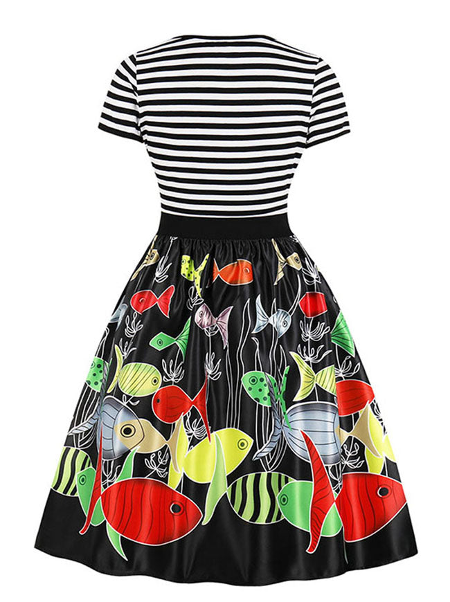 Women's Black Cap Sleeve Elegant Abstract Pattern Homecoming Party Midi Dress Back View