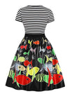 Women's Black Cap Sleeve Elegant Abstract Pattern Homecoming Party Midi Dress Back View