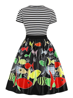 Women's Black Cap Sleeve Elegant Abstract Pattern Homecoming Party Midi Dress Back View