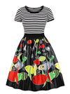 Vintage Retro Round Neck Short Sleeve Stripe Cute Pattern Swing Party Dress Main View