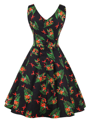 Green Retro Floral Swing Bridesmaid Wedding Party Guest Vintage Summer Plus Size Flare Dress Back View