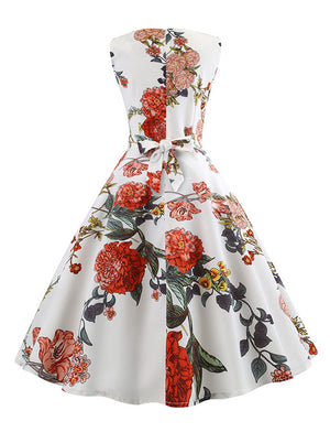 White Vintage 1950s Style Floral Pattern Sleeveless Cocktail Party Dress for Women Back View