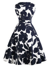 White Navy Blue Vintage Floral Print A-Line Spring Garden Mini Dress for Women Back View