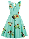 Green Slim fitting Elegant V-Neck Floral Printed Fit and Flare Swing Dress for Women Back View