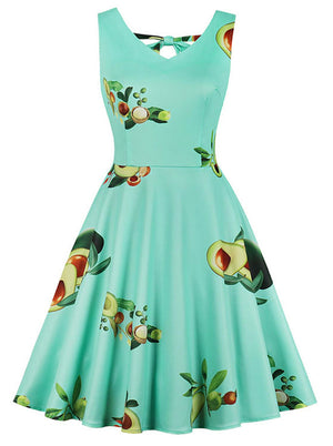 Vintage V Neck Sleeveless Avocado Printed Swing Party Dress Main View