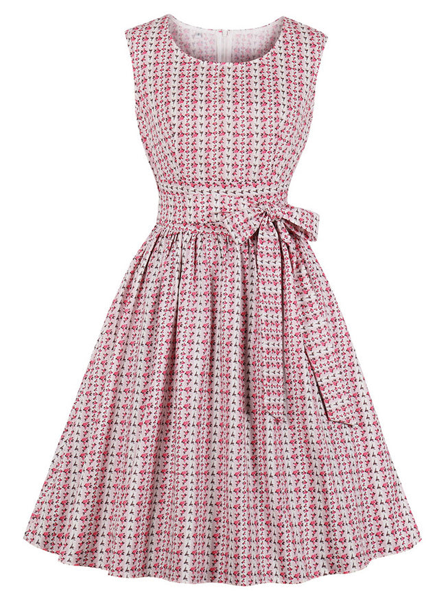 50s Inspired Rockabilly Swing Spring Summer Midi Striped Floral Pattern Dress Back View