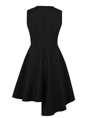 Black Juniors Sleeveless Double Irregular Hem Swing Tea Round Neck Patchwork Cocktail Dress for Women Detail View